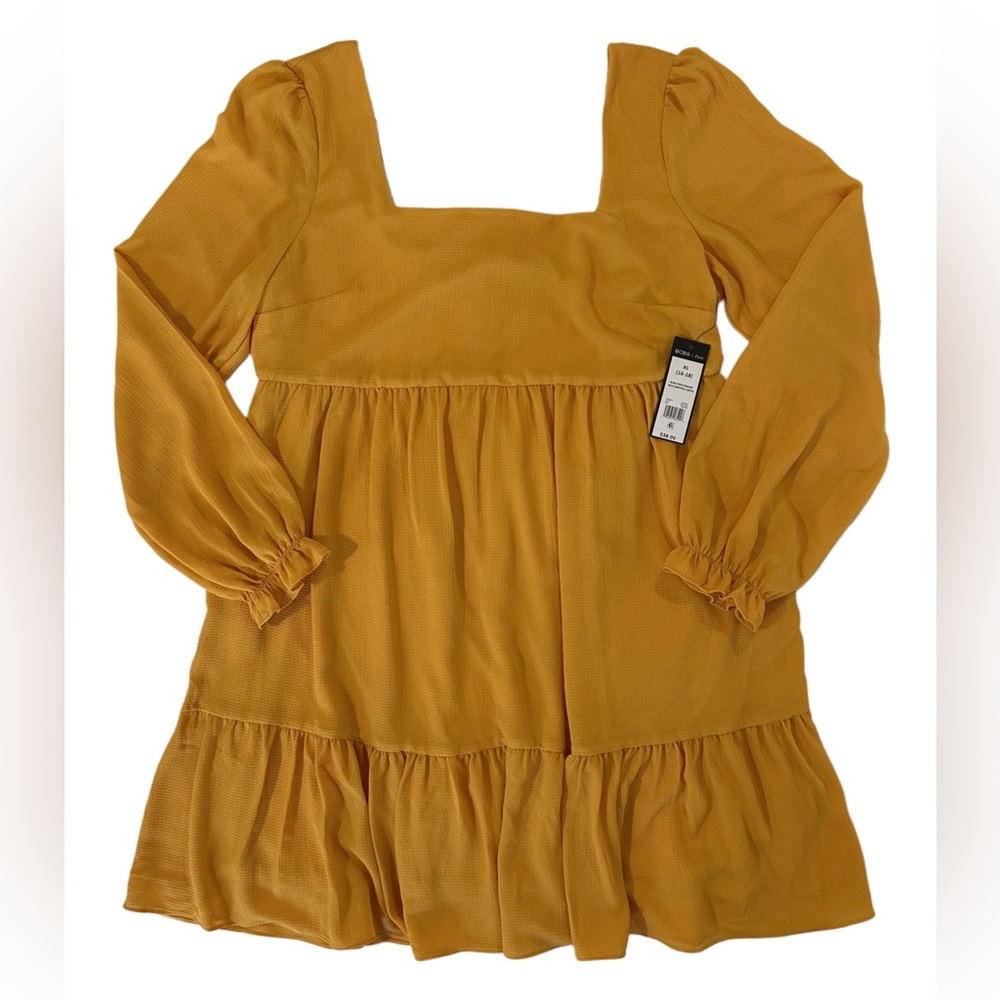BCBG Paris XL Mustard Babydoll Dress Square Neck Long Sleeve Fall NWT
